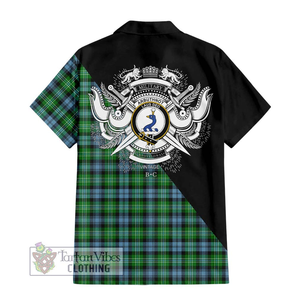 Arbuthnot Ancient Tartan Short Sleeve Button Shirt with Family Crest and Military Logo Style - Tartanvibesclothing Shop