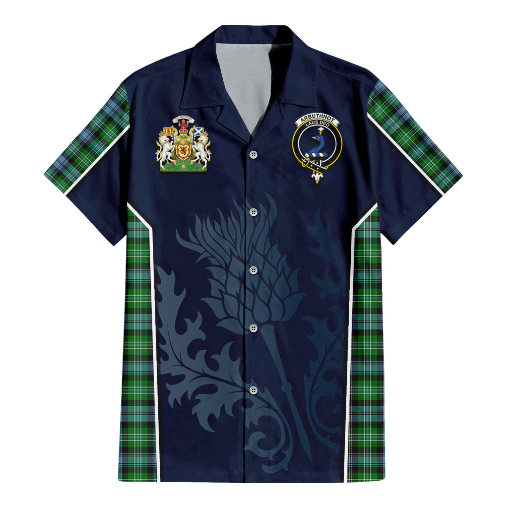 Tartan Vibes Clothing Arbuthnot Ancient Tartan Short Sleeve Button Up Shirt with Family Crest and Scottish Thistle Vibes Sport Style