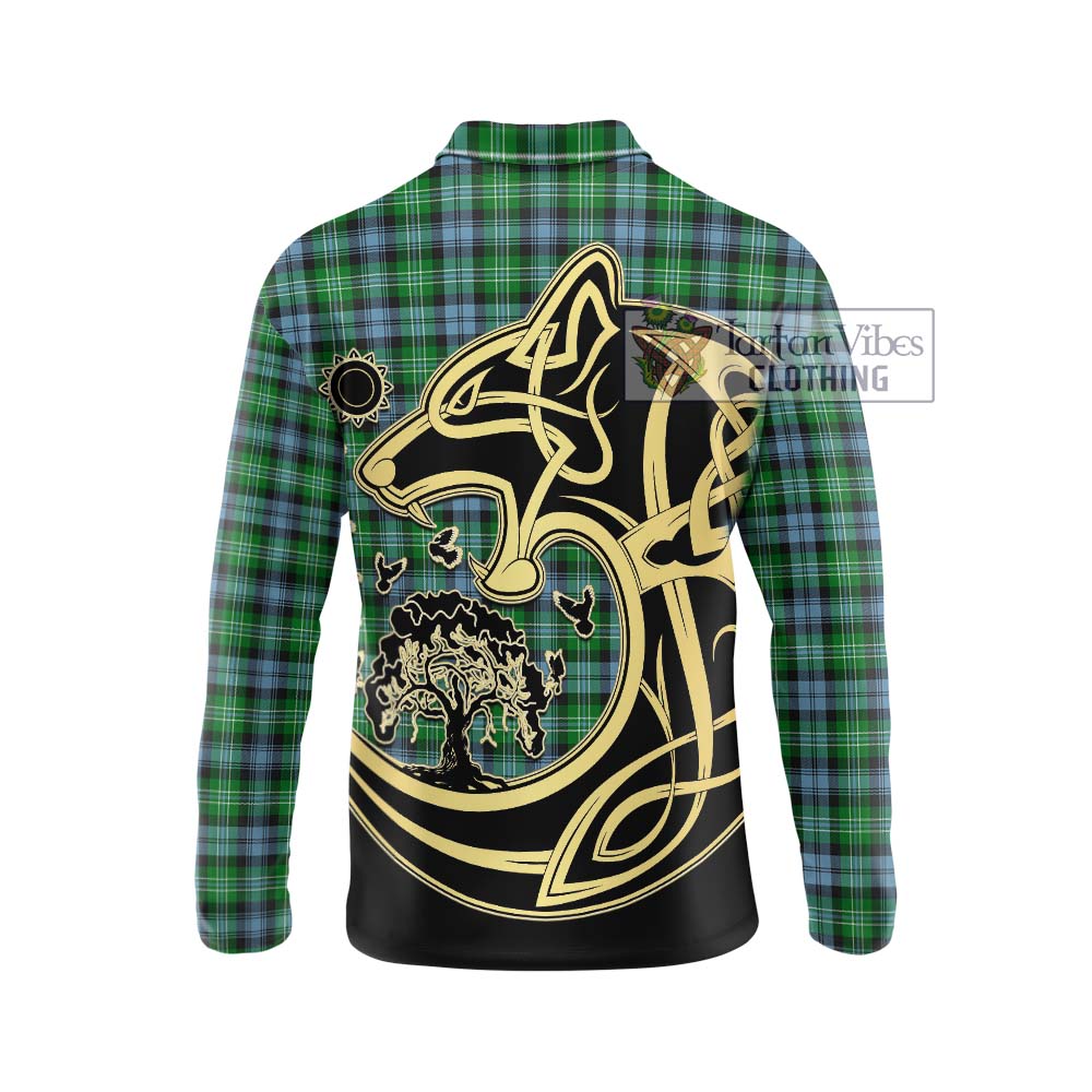 Arbuthnot Ancient Tartan Long Sleeve Polo Shirt with Family Crest Celtic Wolf Style - Tartanvibesclothing Shop