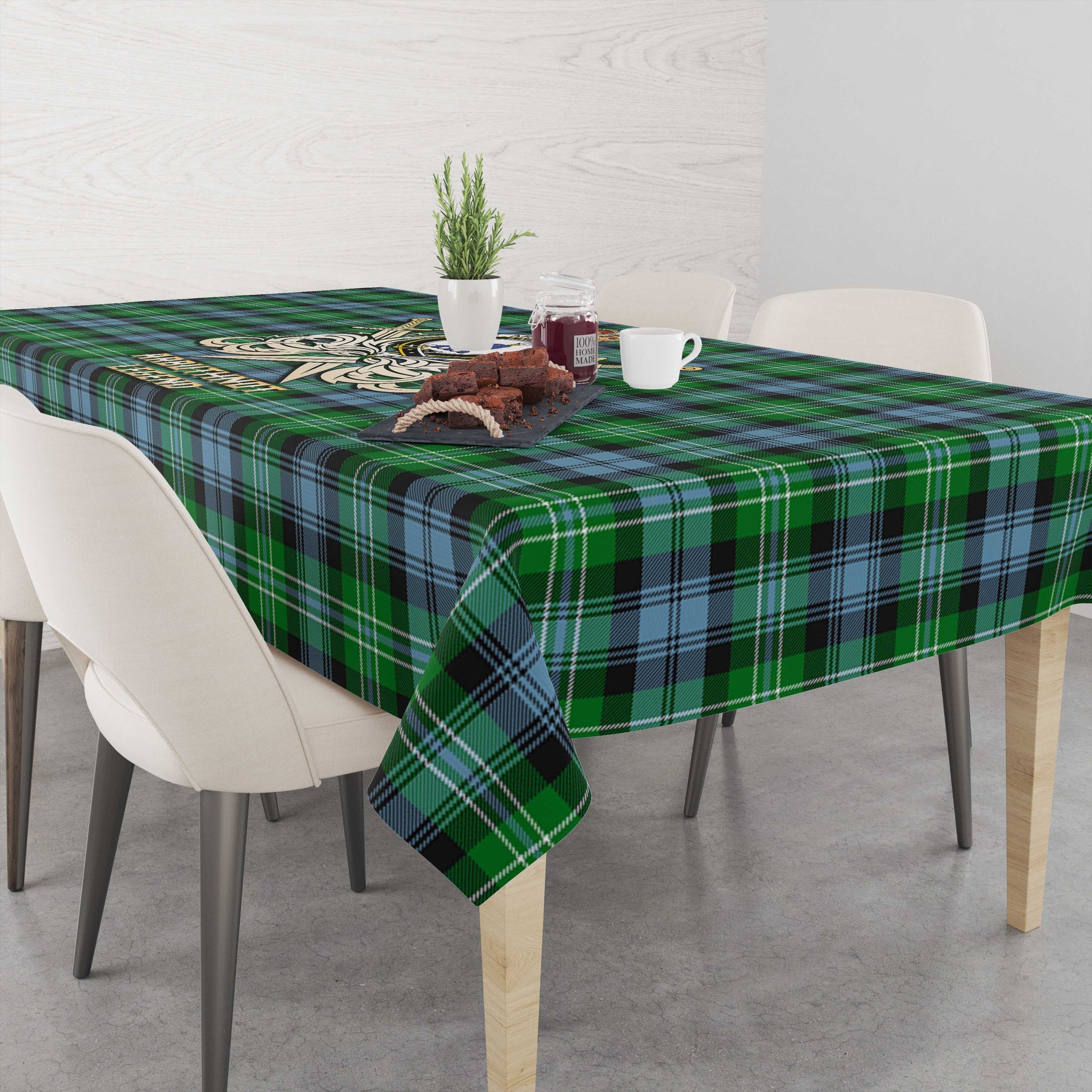 Tartan Vibes Clothing Arbuthnot Ancient Tartan Tablecloth with Clan Crest and the Golden Sword of Courageous Legacy