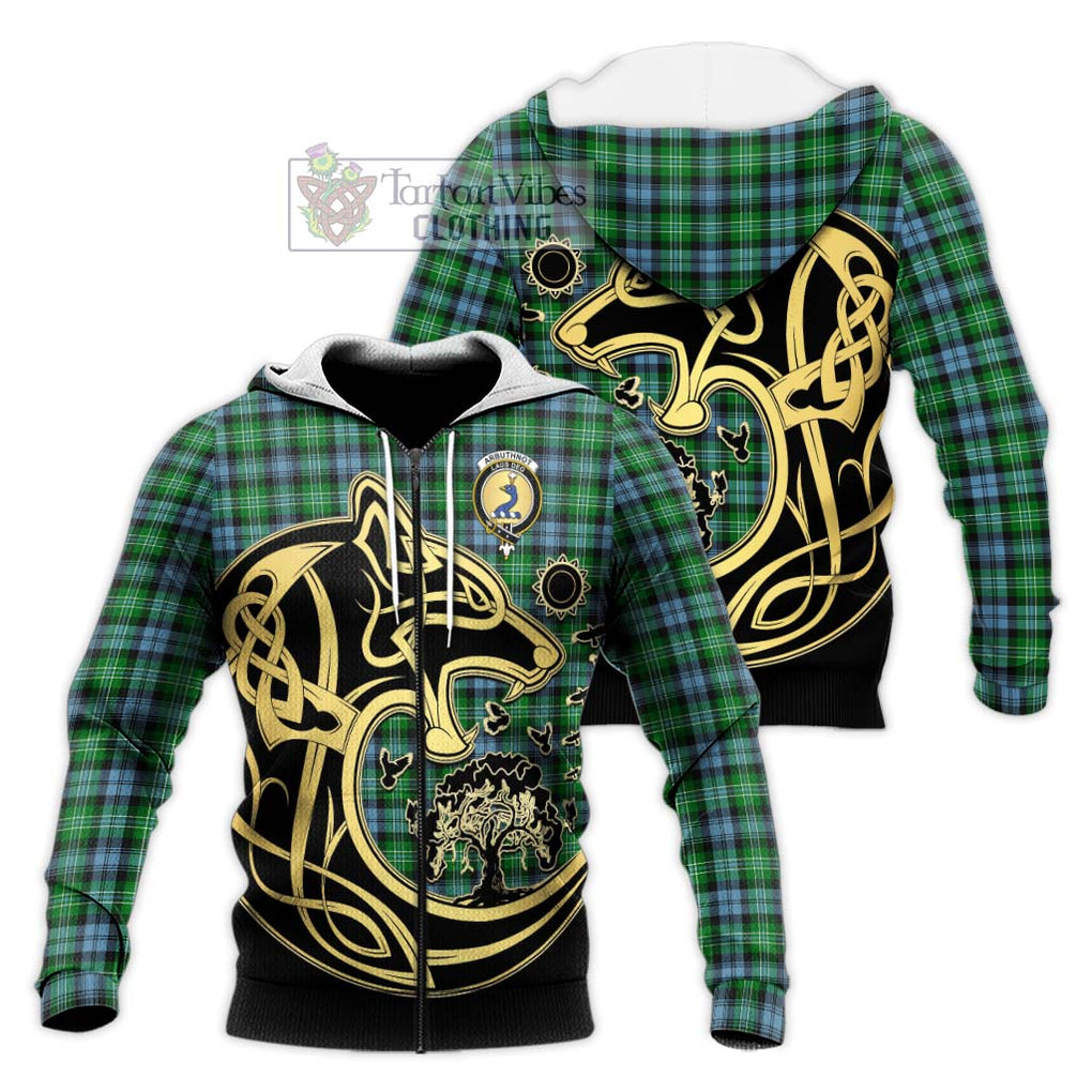 Arbuthnot Ancient Tartan Knitted Hoodie with Family Crest Celtic Wolf Style Unisex Knitted Zip Hoodie - Tartan Vibes Clothing