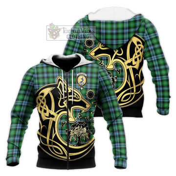 Arbuthnot Ancient Tartan Knitted Hoodie with Family Crest Celtic Wolf Style