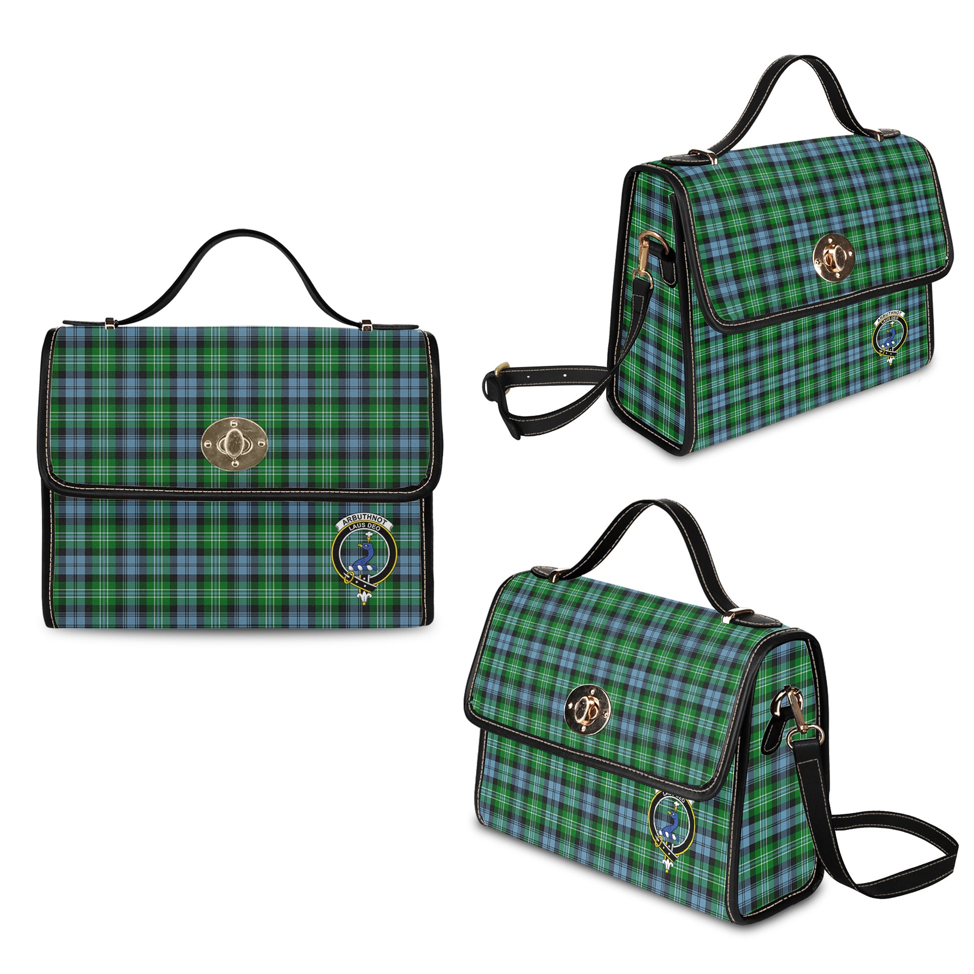 Arbuthnot Ancient Tartan Leather Strap Waterproof Canvas Bag with Family Crest - Tartanvibesclothing