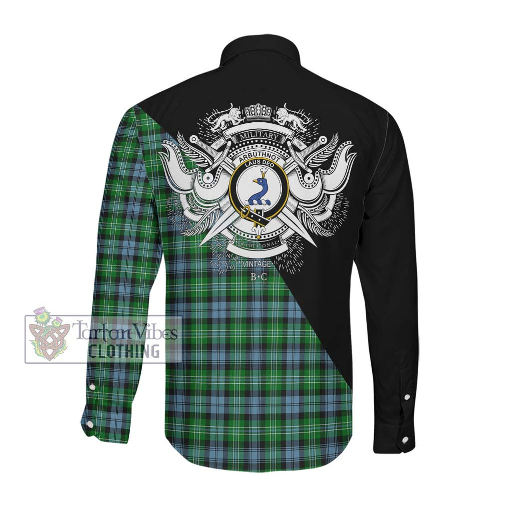 Arbuthnot Ancient Tartan Long Sleeve Button Shirt with Family Crest and Military Logo Style Men's Shirt - Tartanvibesclothing Shop