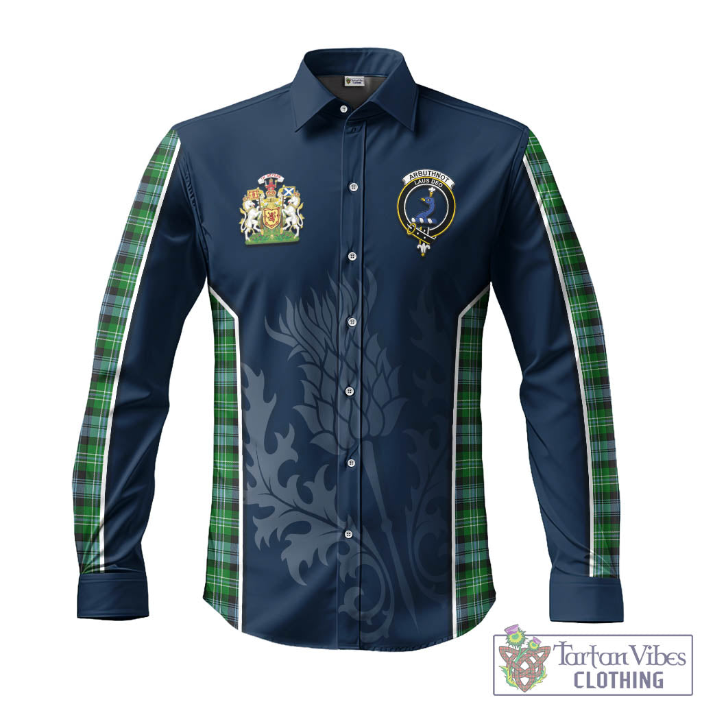 Tartan Vibes Clothing Arbuthnot Ancient Tartan Long Sleeve Button Up Shirt with Family Crest and Scottish Thistle Vibes Sport Style