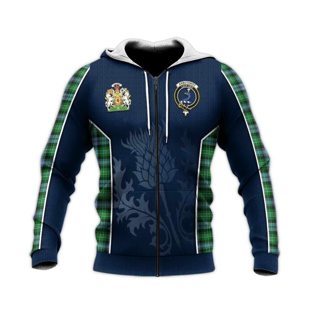 Tartan Vibes Clothing Arbuthnot Ancient Tartan Knitted Hoodie with Family Crest and Scottish Thistle Vibes Sport Style