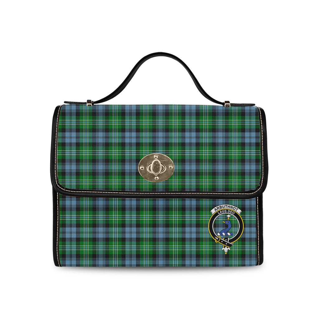 Arbuthnot Ancient Tartan Leather Strap Waterproof Canvas Bag with Family Crest - Tartanvibesclothing