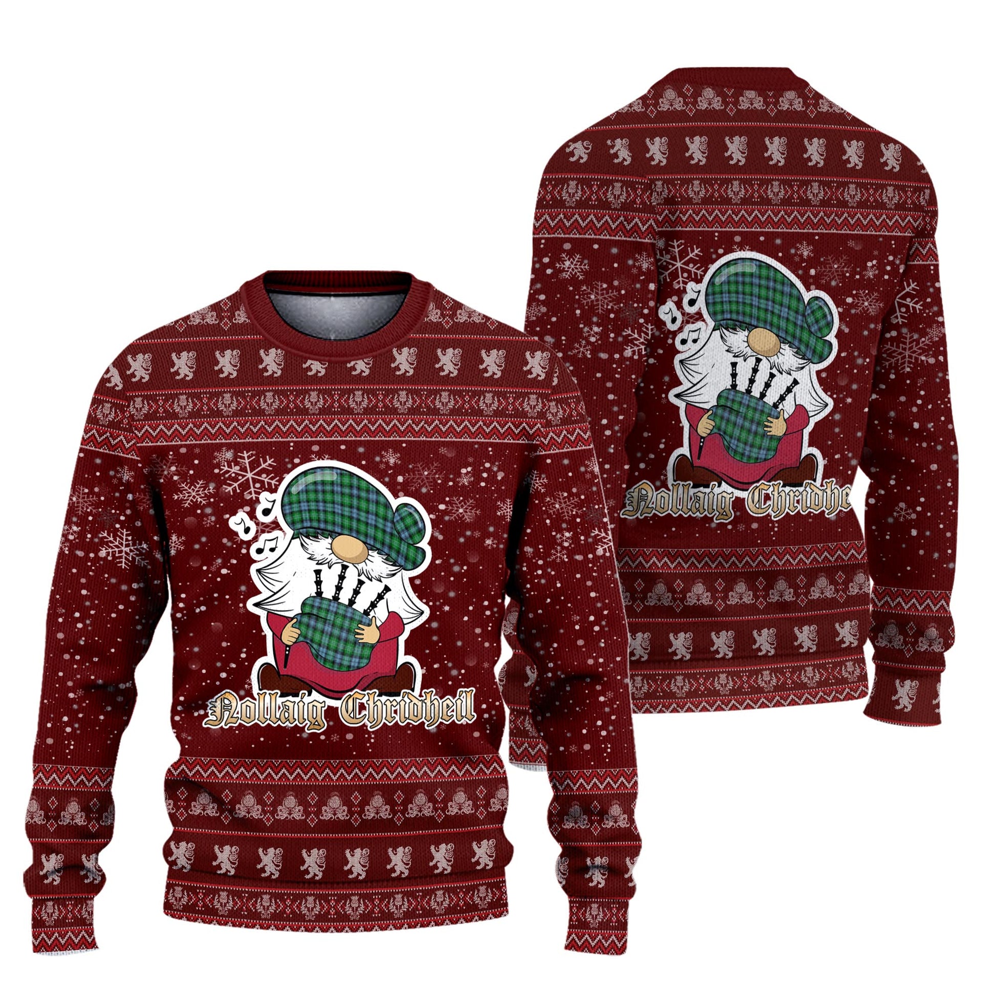 Arbuthnot Ancient Clan Christmas Family Knitted Sweater with Funny Gnome Playing Bagpipes Unisex Red - Tartanvibesclothing