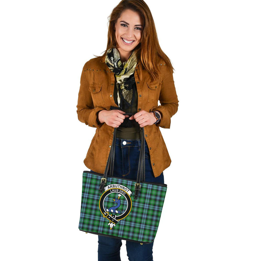 Arbuthnot Ancient Tartan Leather Tote Bag with Family Crest - Tartanvibesclothing