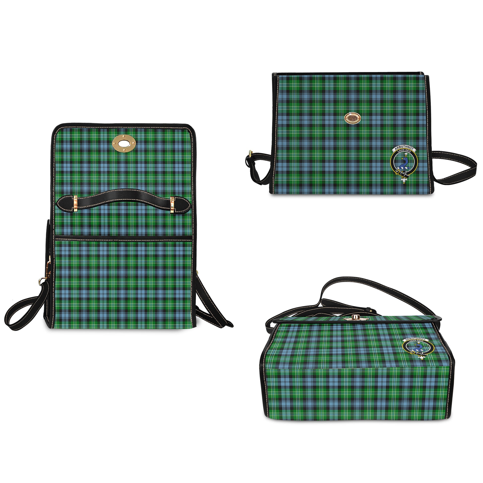 Arbuthnot Ancient Tartan Leather Strap Waterproof Canvas Bag with Family Crest - Tartanvibesclothing