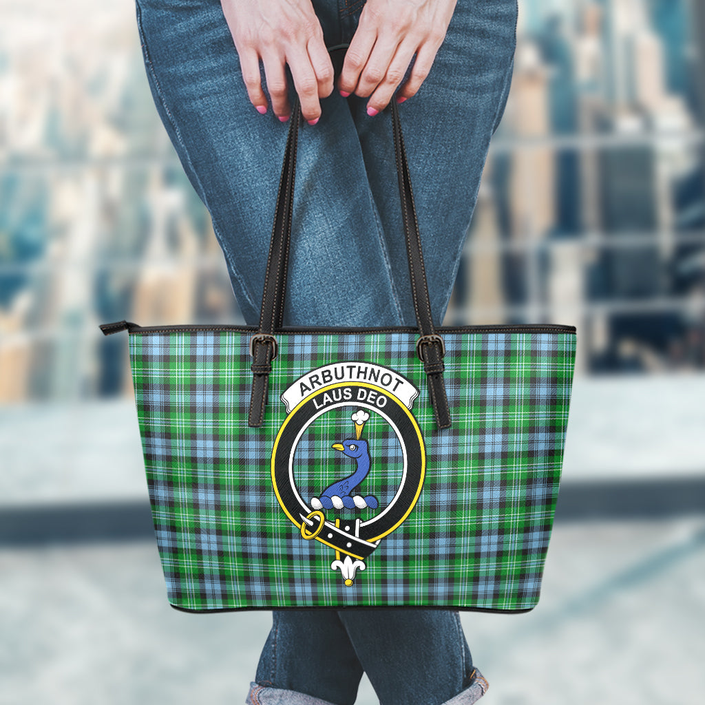 Arbuthnot Ancient Tartan Leather Tote Bag with Family Crest - Tartanvibesclothing