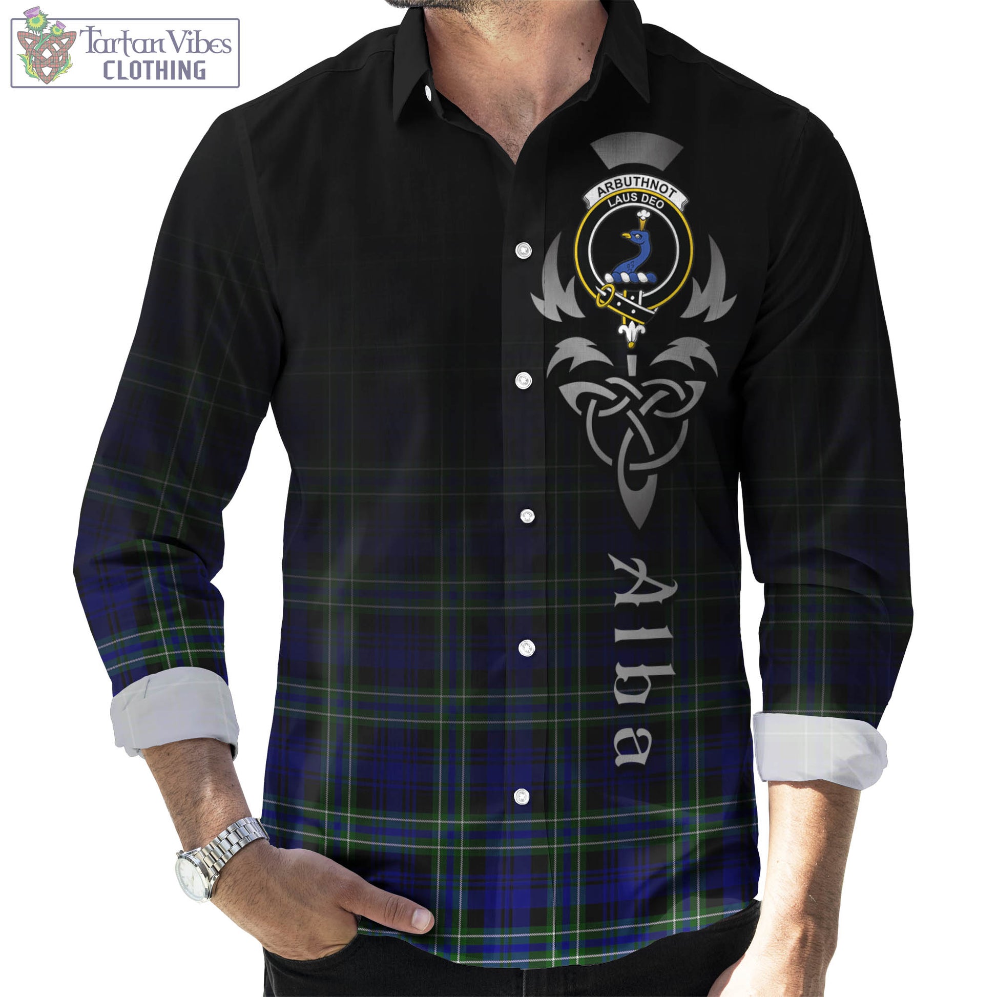 Tartan Vibes Clothing Arbuthnot Modern Tartan Long Sleeve Button Up Featuring Alba Gu Brath Family Crest Celtic Inspired