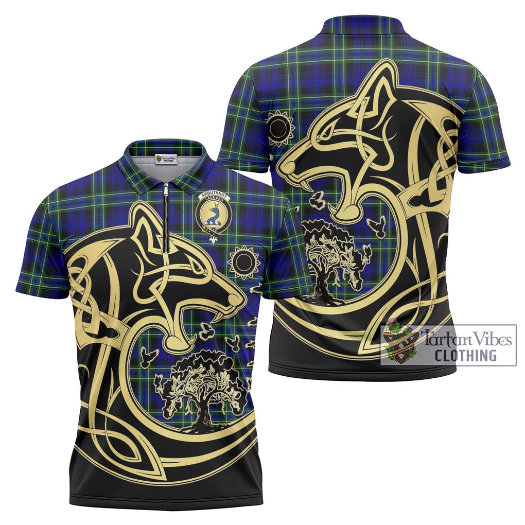 Arbuthnot Modern Tartan Zipper Polo Shirt with Family Crest Celtic Wolf Style Unisex - Tartanvibesclothing Shop