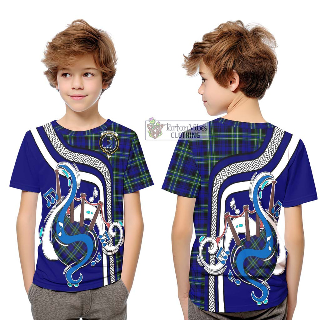 Tartan Vibes Clothing Arbuthnot Modern Tartan Kid T-Shirt with Epic Bagpipe Style