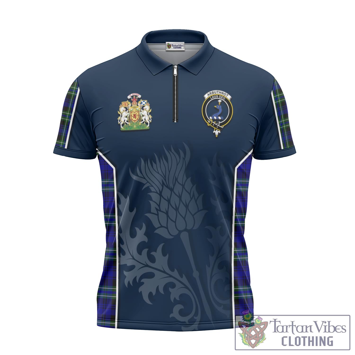 Tartan Vibes Clothing Arbuthnot Modern Tartan Zipper Polo Shirt with Family Crest and Scottish Thistle Vibes Sport Style