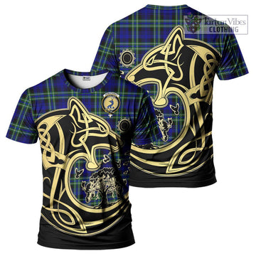 Arbuthnot Modern Tartan T-Shirt with Family Crest Celtic Wolf Style