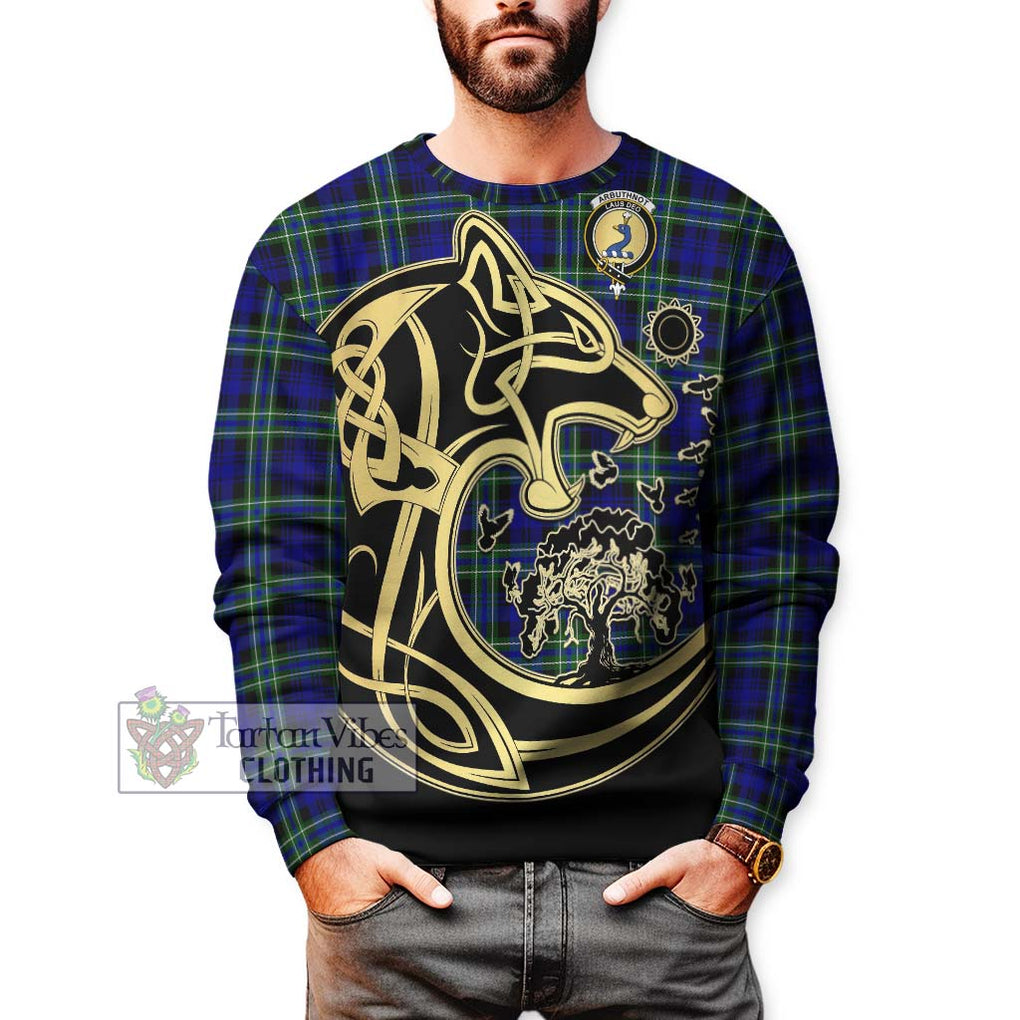 Arbuthnot Modern Tartan Sweatshirt with Family Crest Celtic Wolf Style Unisex - Tartan Vibes Clothing