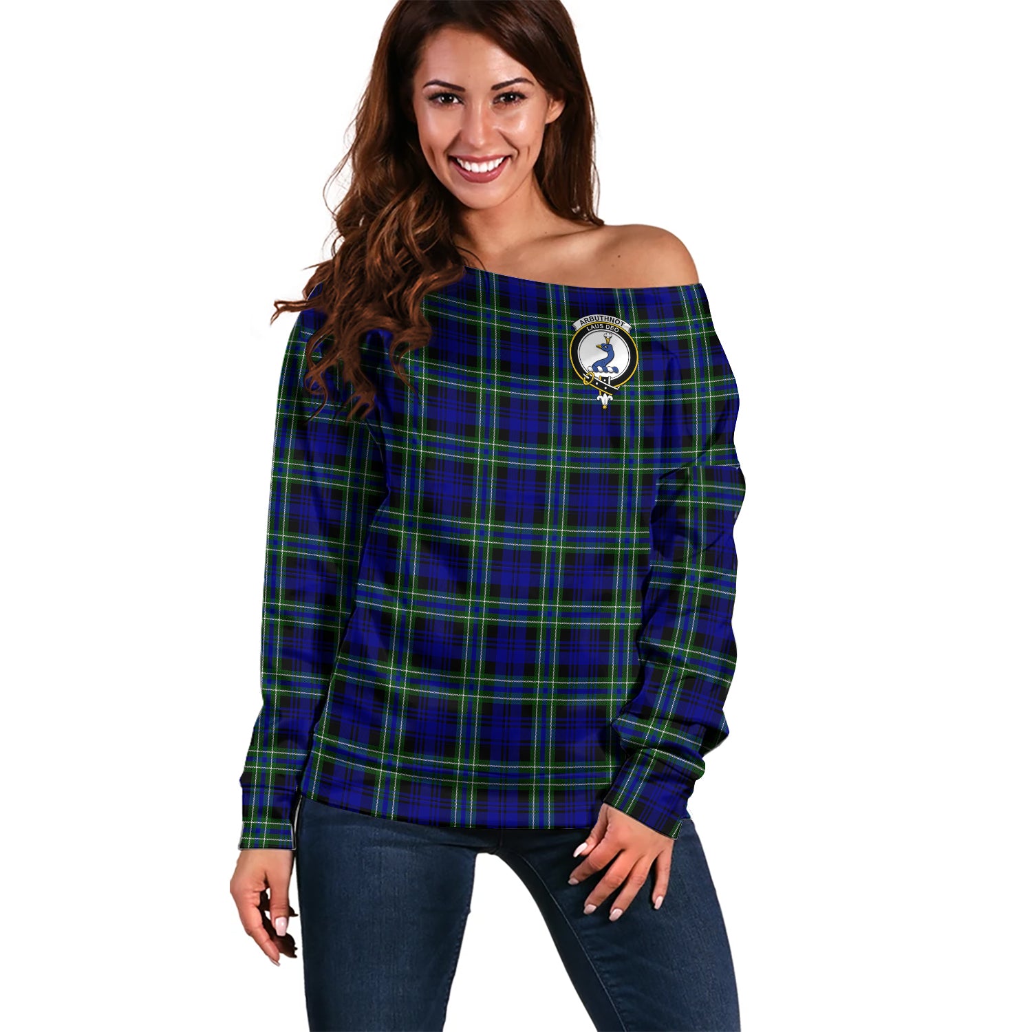 Arbuthnot Modern Tartan Off Shoulder Women Sweater with Family Crest Women - Tartanvibesclothing