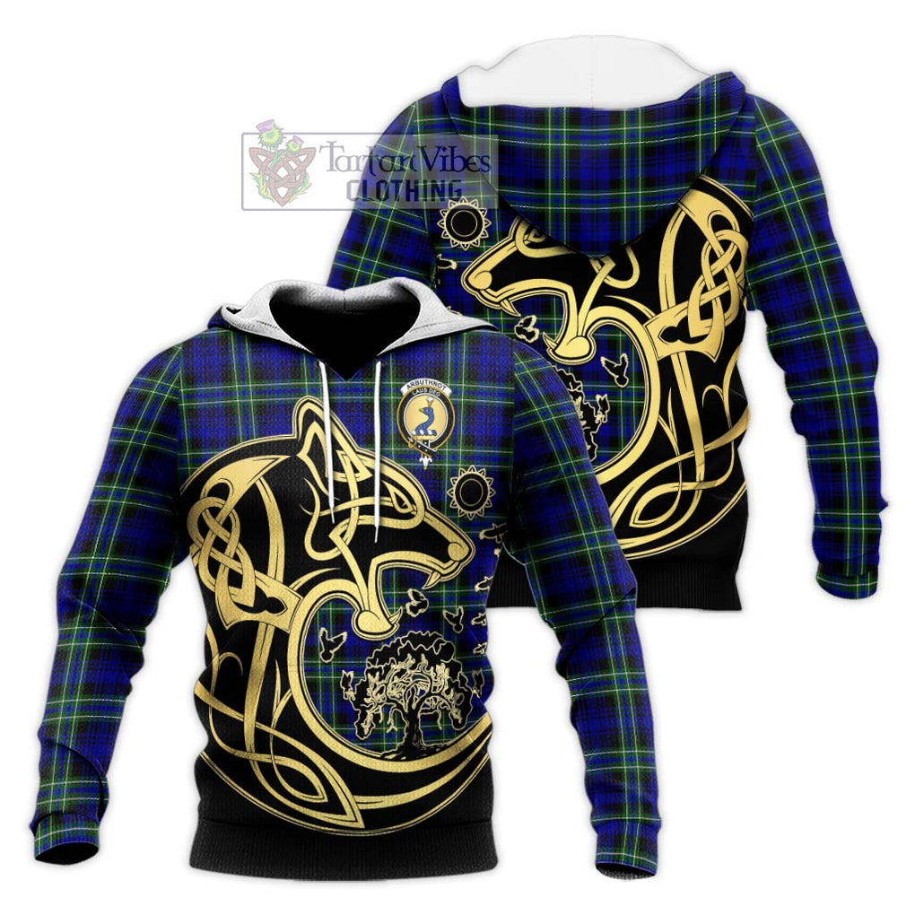 Arbuthnot Modern Tartan Knitted Hoodie with Family Crest Celtic Wolf Style Unisex Knitted Pullover Hoodie - Tartan Vibes Clothing