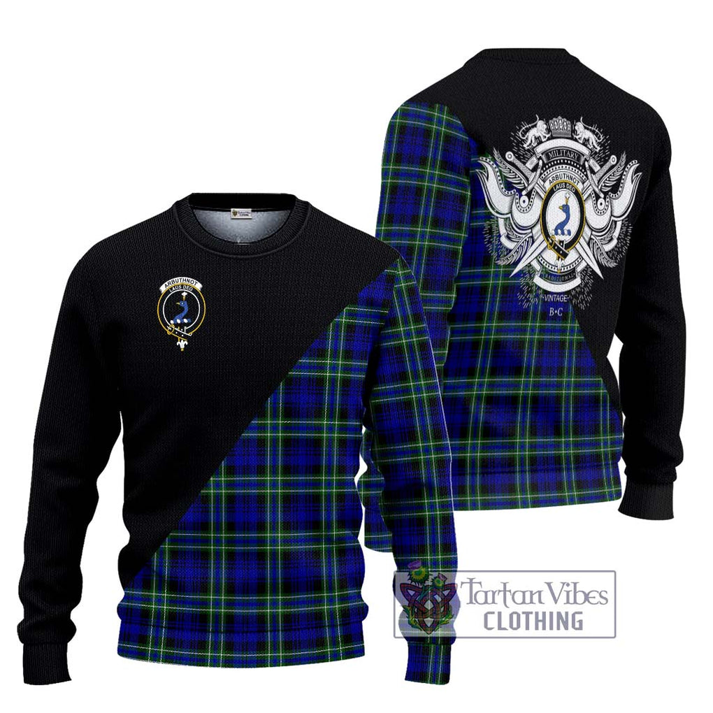 Arbuthnot Modern Tartan Knitted Sweater with Family Crest and Military Logo Style Unisex - Tartanvibesclothing Shop