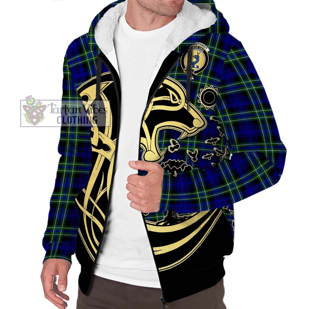 Arbuthnot Modern Tartan Sherpa Hoodie with Family Crest Celtic Wolf Style Unisex S - Tartan Vibes Clothing