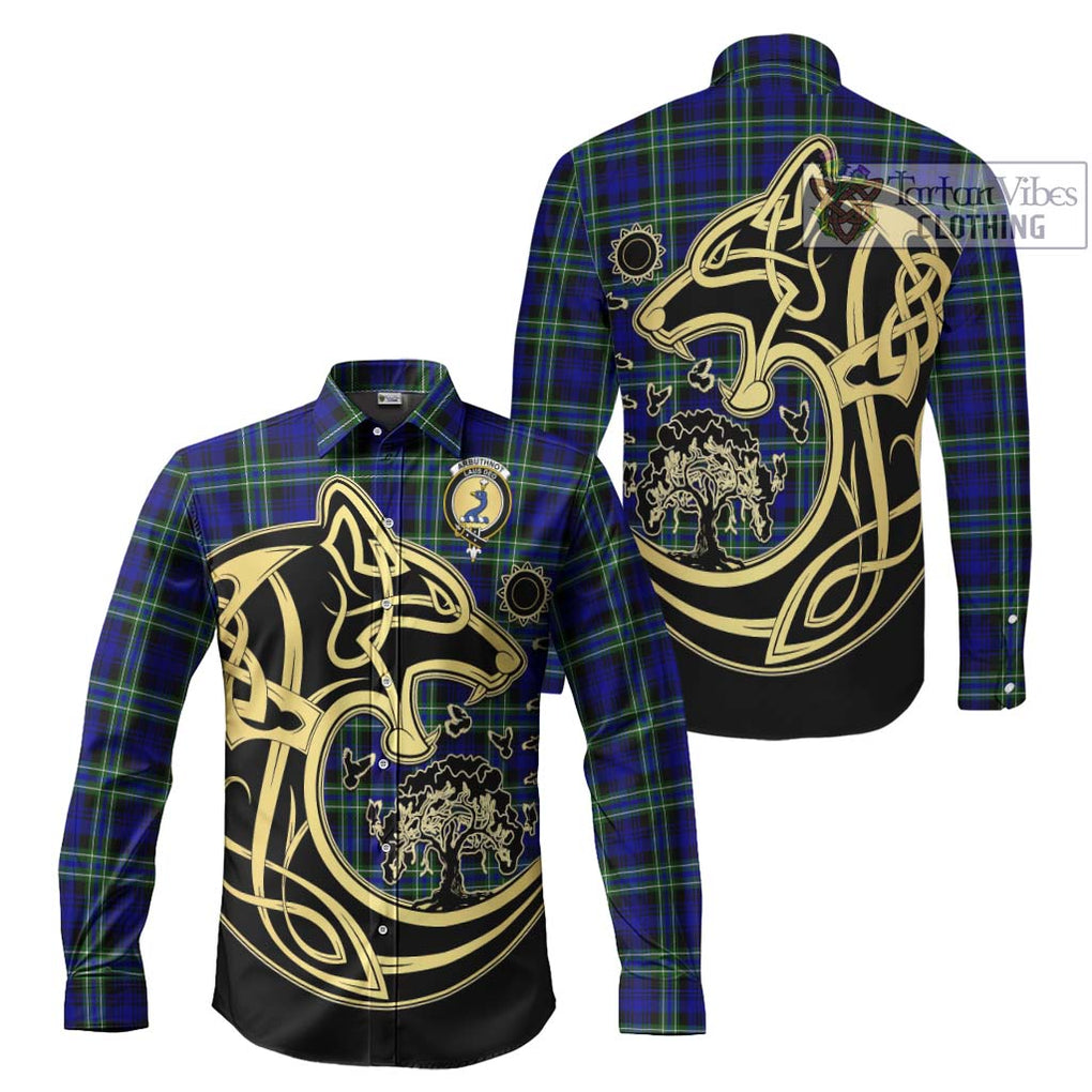 Arbuthnot Modern Tartan Long Sleeve Button Shirt with Family Crest Celtic Wolf Style Men's Shirt S - Tartan Vibes Clothing