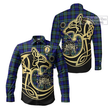 Arbuthnot Modern Tartan Long Sleeve Button Shirt with Family Crest Celtic Wolf Style