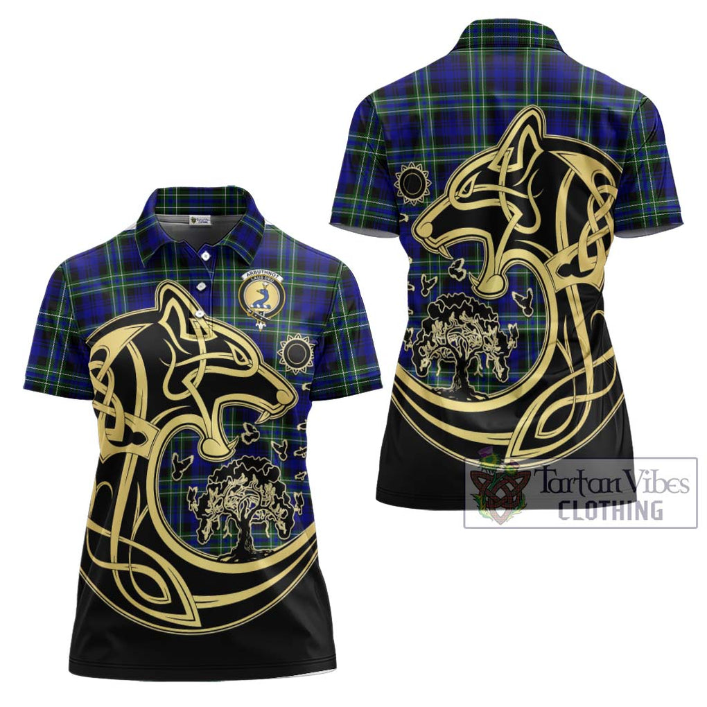 Arbuthnot Modern Tartan Women's Polo Shirt with Family Crest Celtic Wolf Style Women - Tartanvibesclothing Shop