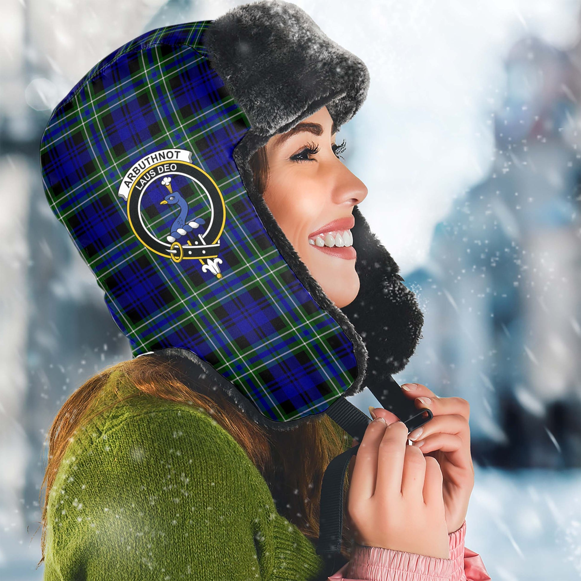 Arbuthnot Modern Tartan Winter Trapper Hat with Family Crest Winter Trapper Hat Universal Fit Circumference 22.8in (58cm) - Tartanvibesclothing