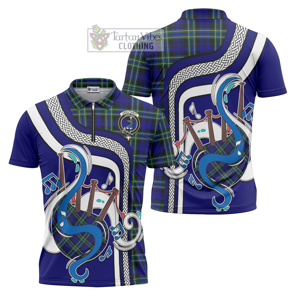 Arbuthnot Modern Tartan Zipper Polo Shirt with Epic Bagpipe Style Unisex - Tartanvibesclothing Shop