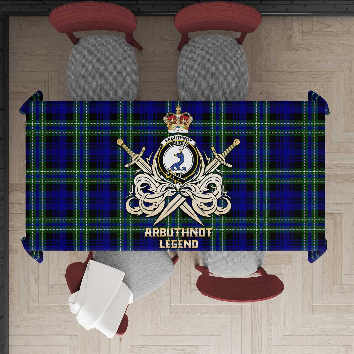Tartan Vibes Clothing Arbuthnot Modern Tartan Tablecloth with Clan Crest and the Golden Sword of Courageous Legacy
