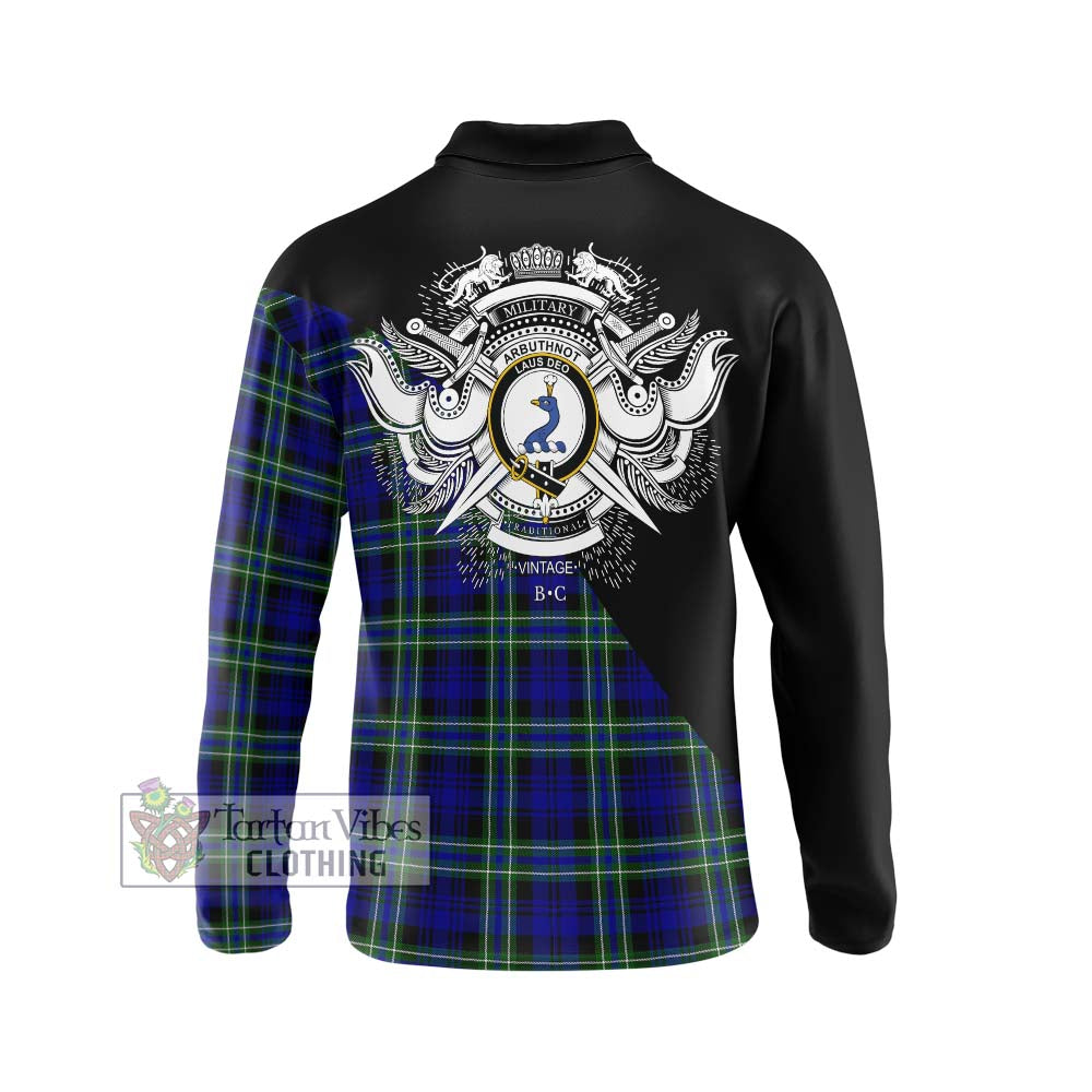 Arbuthnot Modern Tartan Long Sleeve Polo Shirt with Family Crest and Military Logo Style - Tartanvibesclothing Shop