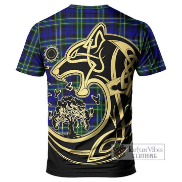 Arbuthnot Modern Tartan T-Shirt with Family Crest Celtic Wolf Style