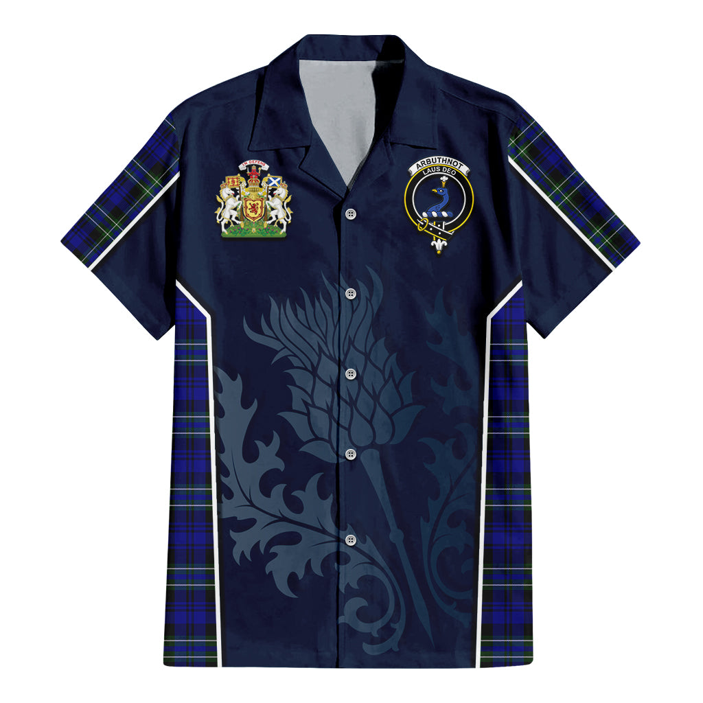 Tartan Vibes Clothing Arbuthnot Modern Tartan Short Sleeve Button Up Shirt with Family Crest and Scottish Thistle Vibes Sport Style