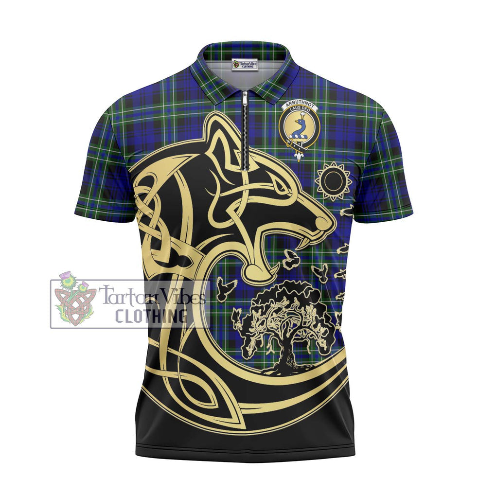 Arbuthnot Modern Tartan Zipper Polo Shirt with Family Crest Celtic Wolf Style - Tartanvibesclothing Shop