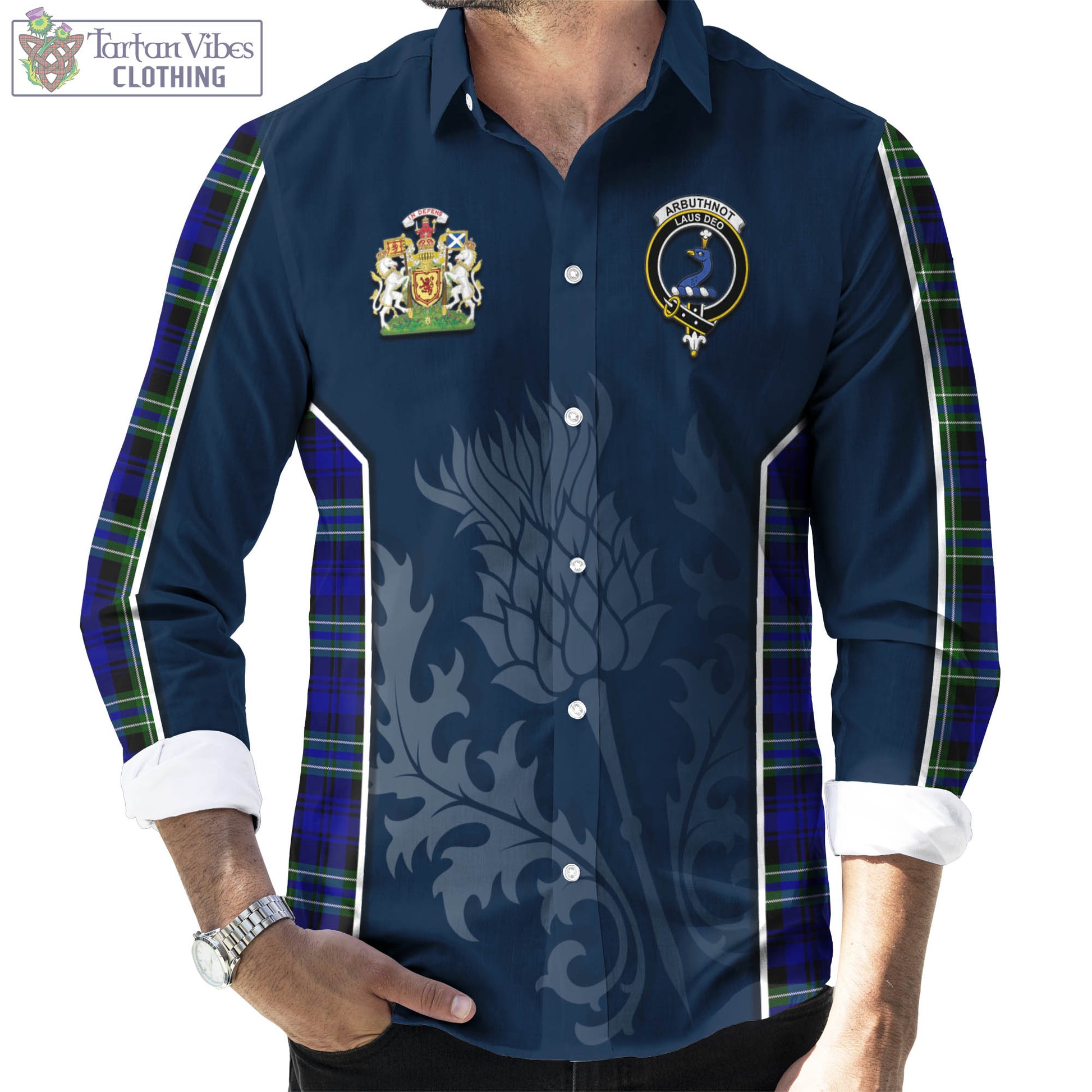 Tartan Vibes Clothing Arbuthnot Modern Tartan Long Sleeve Button Up Shirt with Family Crest and Scottish Thistle Vibes Sport Style