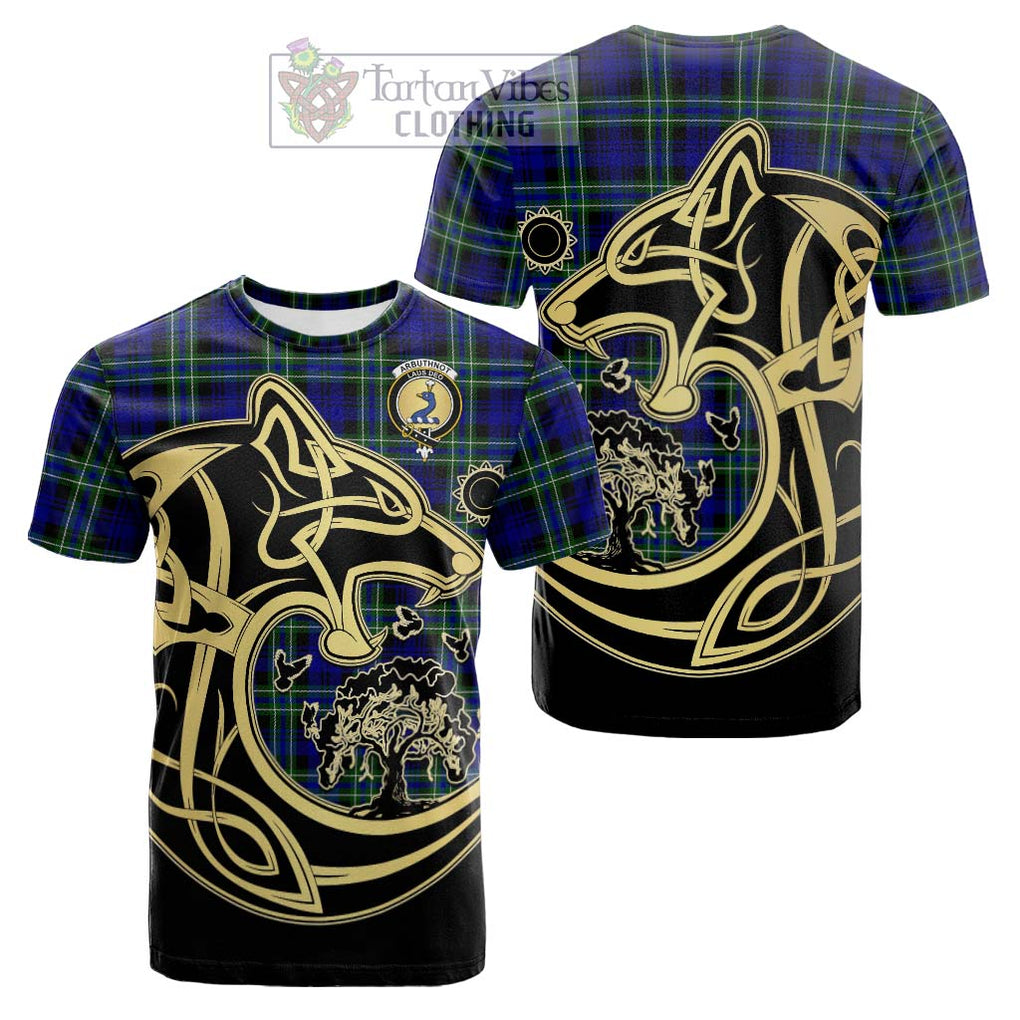 Tartan Vibes Clothing Arbuthnot Modern Tartan Cotton T-shirt with Family Crest Celtic Wolf Style