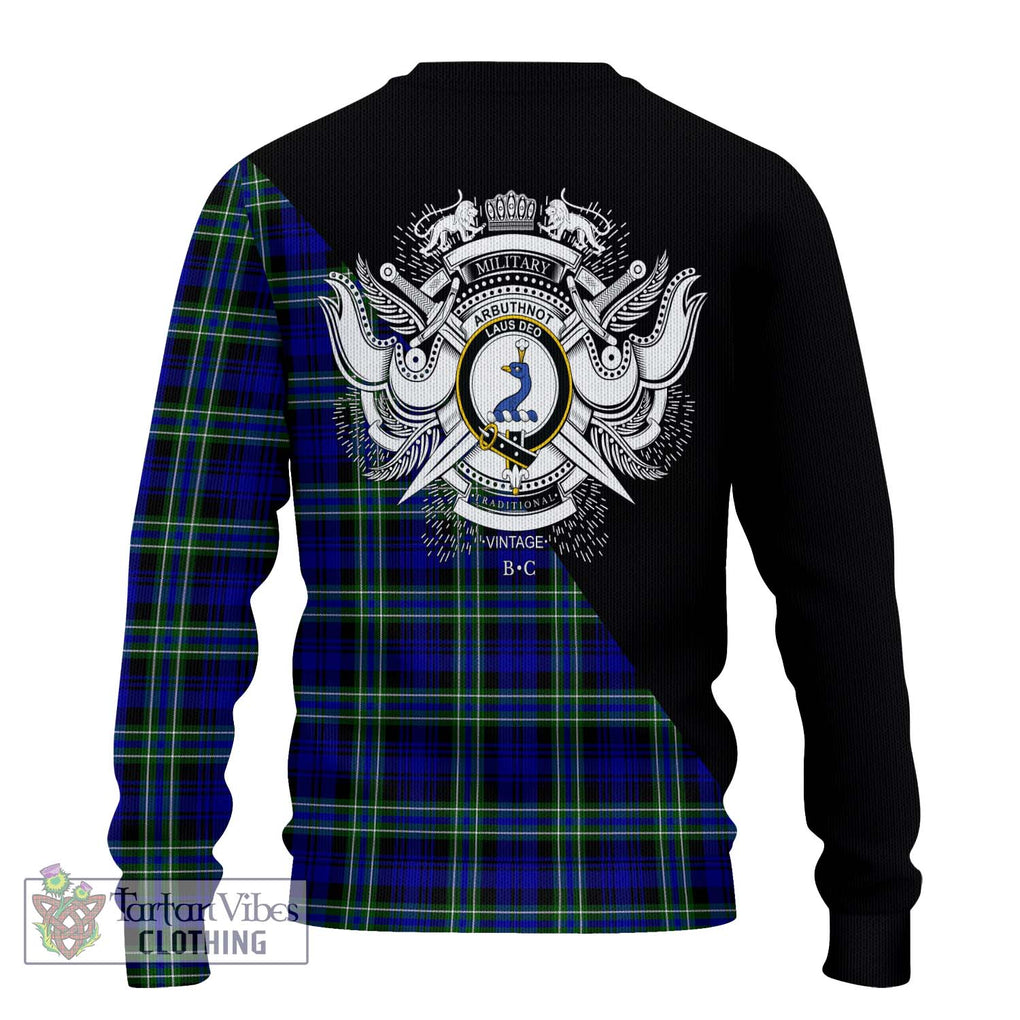 Arbuthnot Modern Tartan Knitted Sweater with Family Crest and Military Logo Style - Tartanvibesclothing Shop