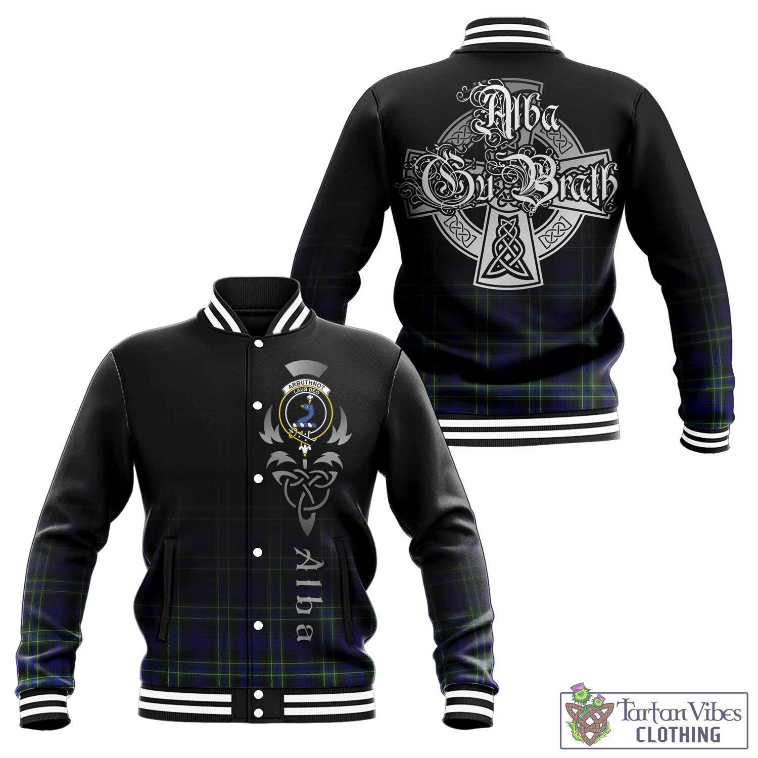 Tartan Vibes Clothing Arbuthnot Modern Tartan Baseball Jacket Featuring Alba Gu Brath Family Crest Celtic Inspired