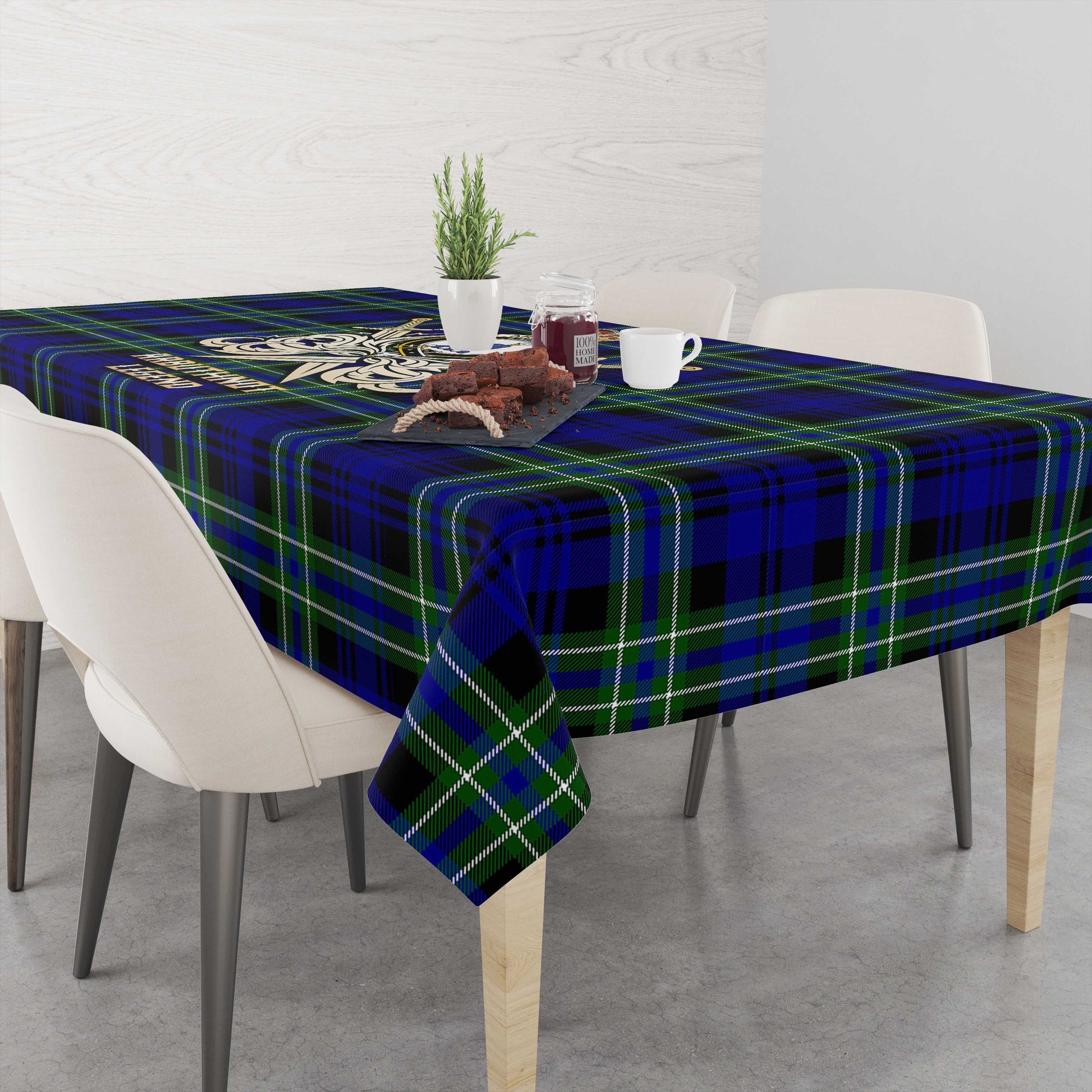 Tartan Vibes Clothing Arbuthnot Modern Tartan Tablecloth with Clan Crest and the Golden Sword of Courageous Legacy