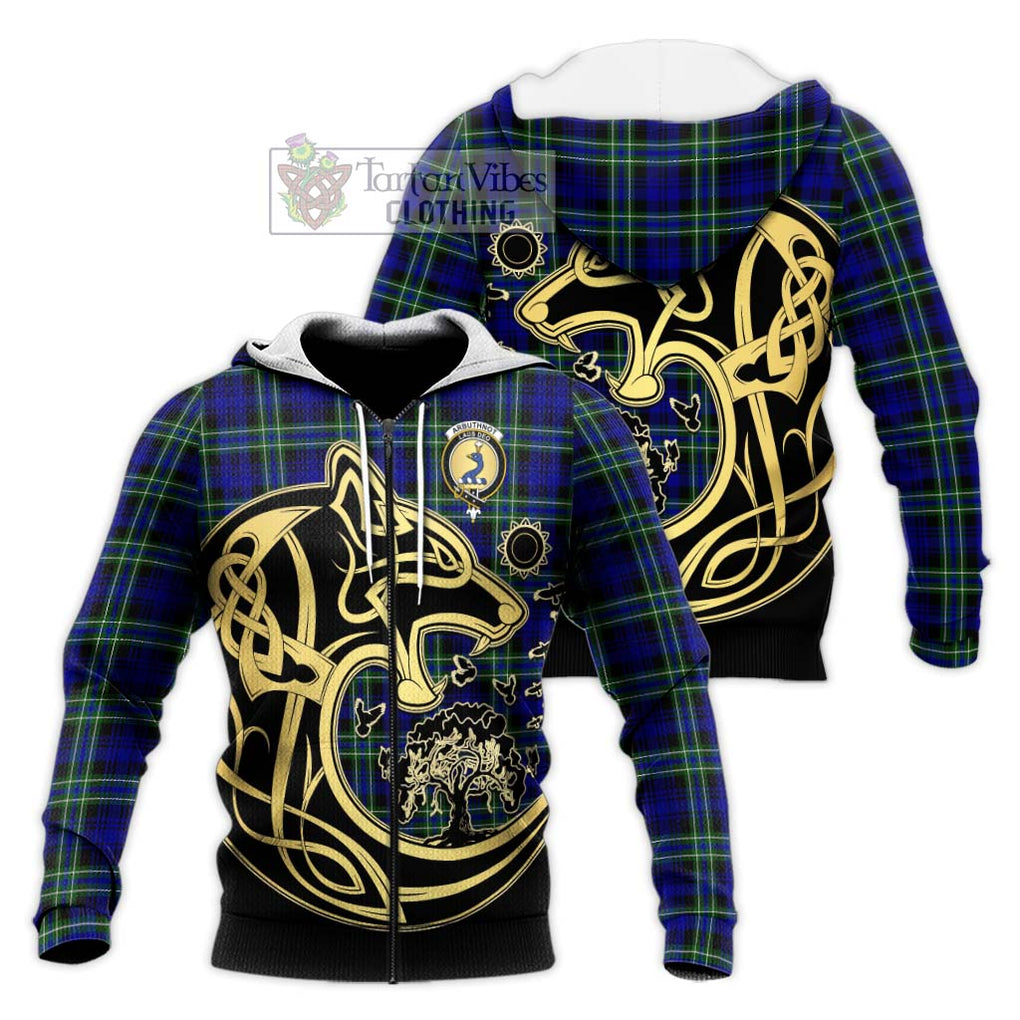 Arbuthnot Modern Tartan Knitted Hoodie with Family Crest Celtic Wolf Style Unisex Knitted Zip Hoodie - Tartan Vibes Clothing