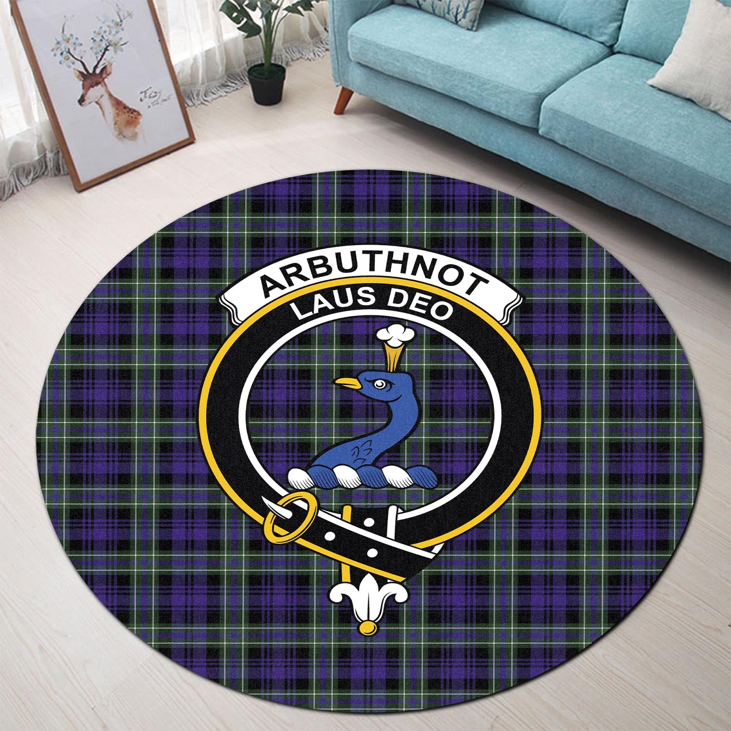 Arbuthnot Modern Tartan Round Rug with Family Crest - Tartanvibesclothing