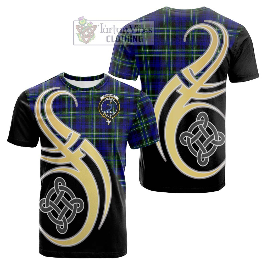 Tartan Vibes Clothing Arbuthnot Modern Tartan Cotton T-shirt with Family Crest and Celtic Symbol Style