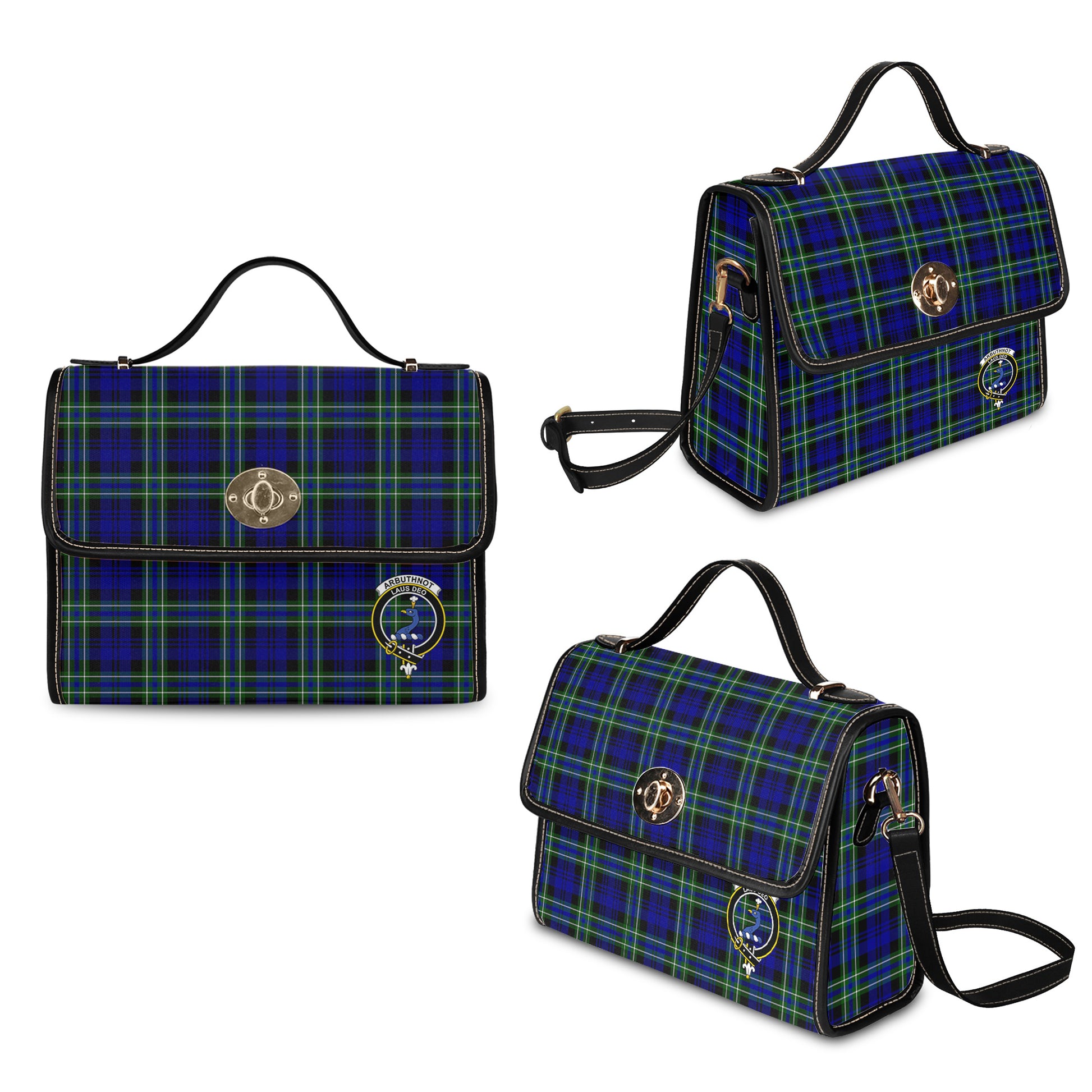 Arbuthnot Modern Tartan Leather Strap Waterproof Canvas Bag with Family Crest - Tartanvibesclothing