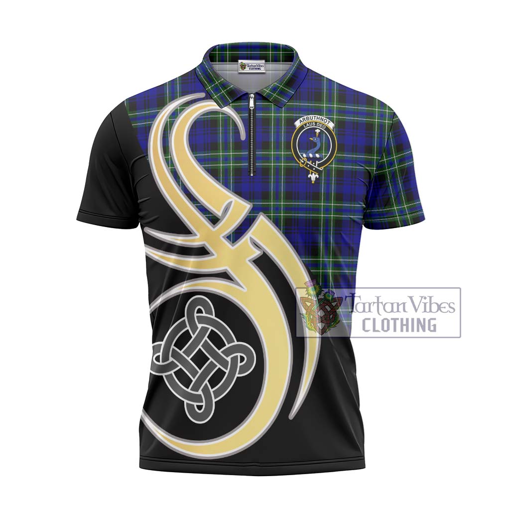 Tartan Vibes Clothing Arbuthnot Modern Tartan Zipper Polo Shirt with Family Crest and Celtic Symbol Style