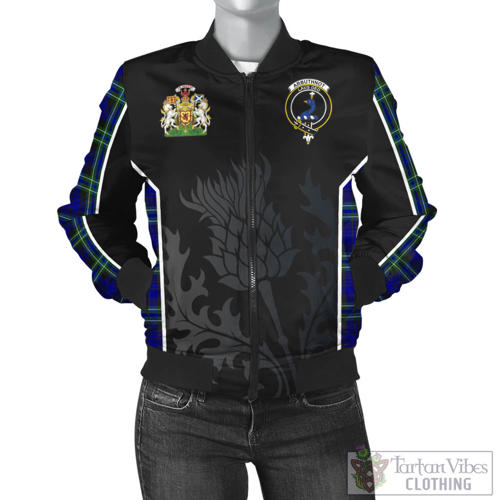 Tartan Vibes Clothing Arbuthnot Modern Tartan Bomber Jacket with Family Crest and Scottish Thistle Vibes Sport Style