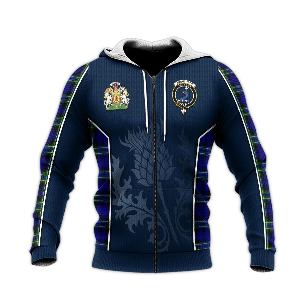 Tartan Vibes Clothing Arbuthnot Modern Tartan Knitted Hoodie with Family Crest and Scottish Thistle Vibes Sport Style