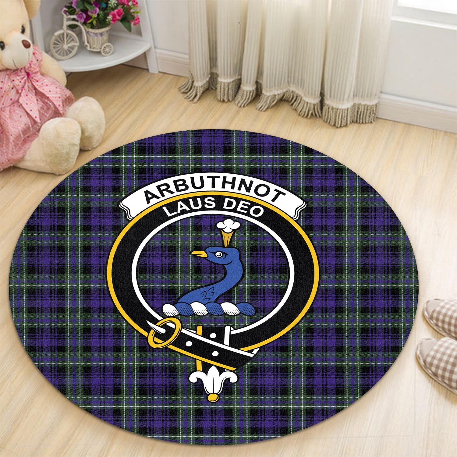 Arbuthnot Modern Tartan Round Rug with Family Crest - Tartanvibesclothing