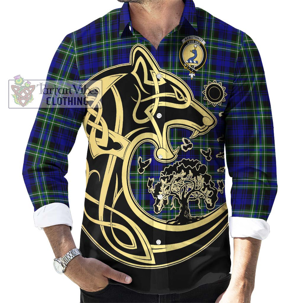 Arbuthnot Modern Tartan Long Sleeve Button Shirt with Family Crest Celtic Wolf Style - Tartan Vibes Clothing