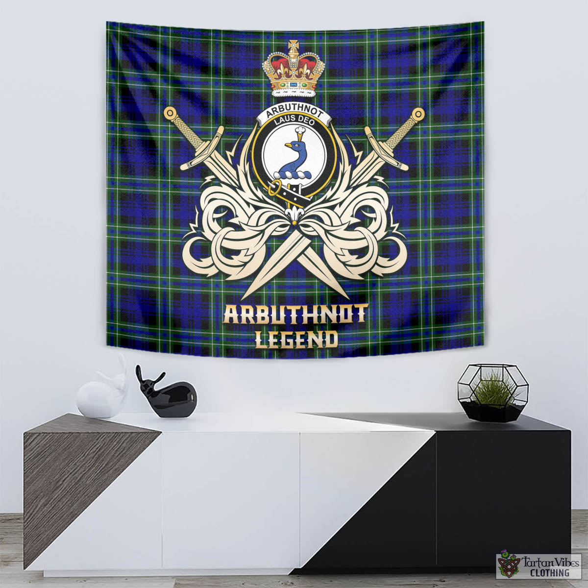 Tartan Vibes Clothing Arbuthnot Modern Tartan Tapestry with Clan Crest and the Golden Sword of Courageous Legacy